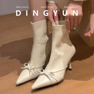 羊皮版dingyun丁允细跟高跟短靴女气质弹力尖头蝴蝶结瘦瘦靴秋冬