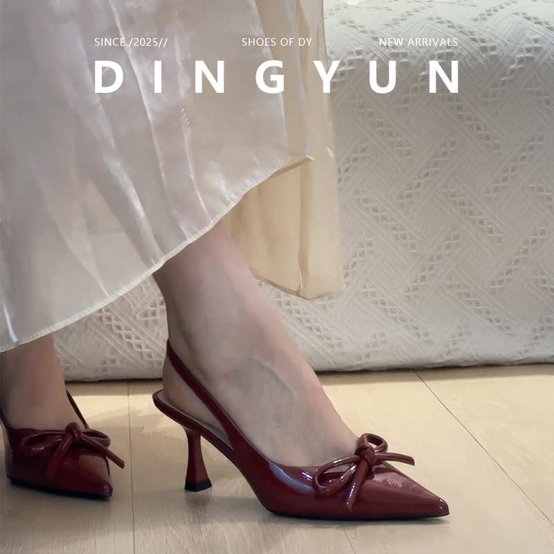 【丁允】气质法式尖头细跟凉鞋女漆皮蝴蝶结后绊带浅口单鞋2026夏