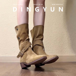 羊皮版dingyun丁允短靴内增高中筒靴卡其西部靴巨好看骑士马丁靴