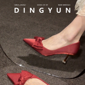 羊皮版 新娘敬酒秀禾 女蝴蝶结单鞋 dingyun丁允红色高跟鞋 尖头婚鞋