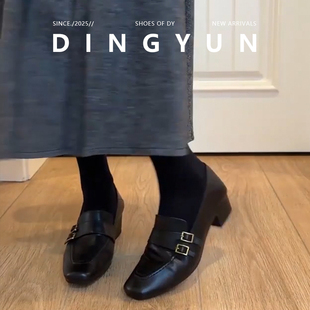 羊皮版dingyun丁允乐福鞋女中跟粗跟复古英伦风小皮鞋通勤单鞋