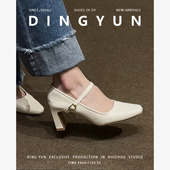 单鞋 羊皮版 粗跟小皮鞋 不累脚法式 dingyun丁允高跟鞋 白色玛丽珍鞋