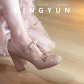 圆头单鞋 羊皮版 法式 小皮鞋 dingyun丁允裸粉色高跟鞋 粗跟玛丽珍鞋