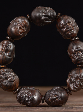 沉香木手工雕刻十八罗汉手串