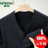 春竹100%山羊绒春秋新品 休闲外套毛衣加厚V领羊毛衫 男士 针织开衫