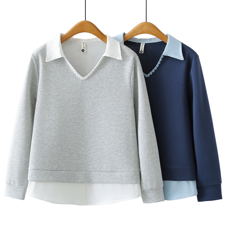 正肩卫衣胖mm大码拼色翻领假两件