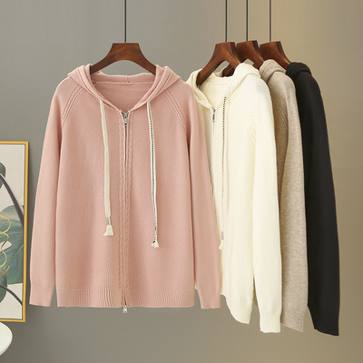 大码时尚连帽针织衫开衫毛衣外套