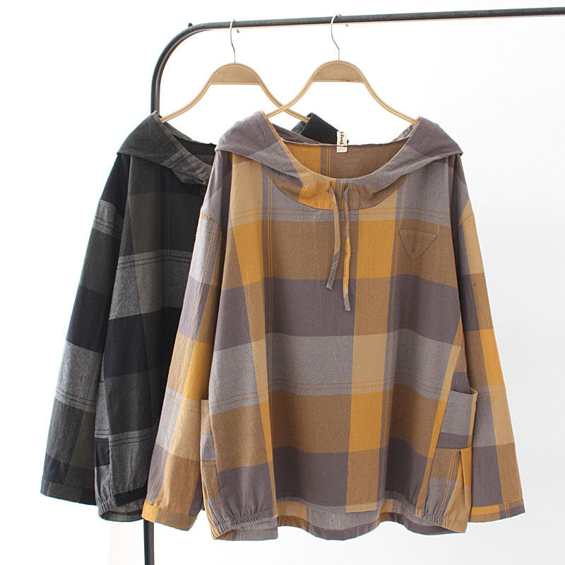 大码早秋女装新款2023年胖妹妹遮肚子显瘦上衣宽松连帽格子蝙蝠衫