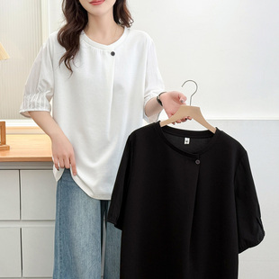 新款 2025夏季 胖m时尚 设计感褶皱袖 上衣 大码 拼接宽松半袖 t恤女短袖