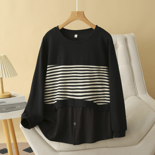 春秋外穿胖mm减龄条纹拼接假两件上衣 2024新款 长袖 t恤女卫衣大码