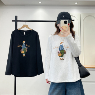 胖mm打底衫秋冬大码200斤女2026新款减龄小人印花遮肚子加绒上衣
