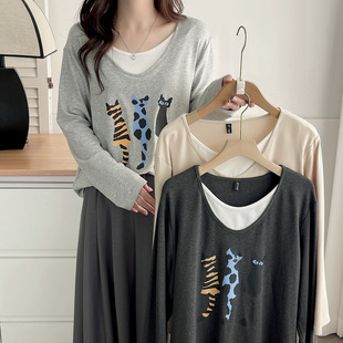 上衣女胖mm秋季 减龄印花遮肚子假两件打底衫 长袖 时尚 2024新款 大码