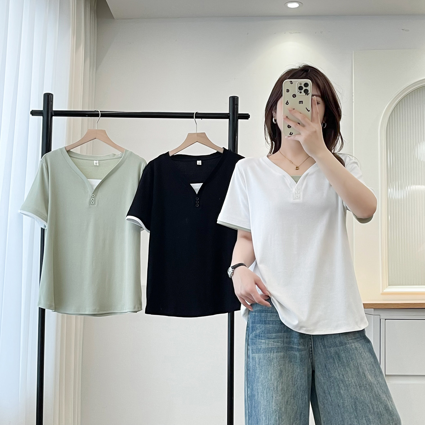 胖妹妹大码短袖t恤女撞色假两件
