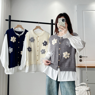 假两件毛衣女大码2025秋季新款胖妹妹时尚洋气立体花朵拼接针织衫