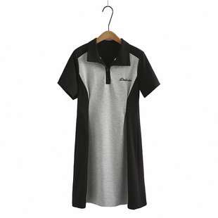 女夏季中长款连衣裙大码胖mm遮肚子过膝polo领拼色收腰巨显瘦裙子