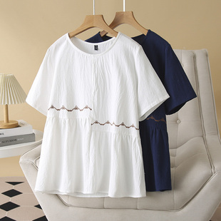 胖mm200斤水洗棉刺绣宽松遮肚子半袖 大码 新款 女上衣2025夏季 短袖