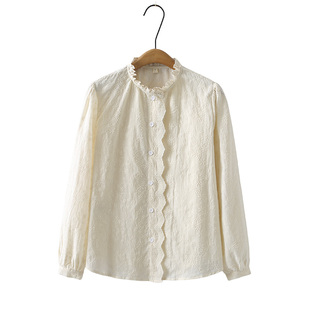 新款 女2025春季 大码 200斤时尚 上衣 胖妹妹法式 花边领刺绣长袖 衬衫