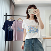 五角星印花休闲正肩半袖 短袖 上衣 大码 时尚 女t恤胖mm夏季 2025新款