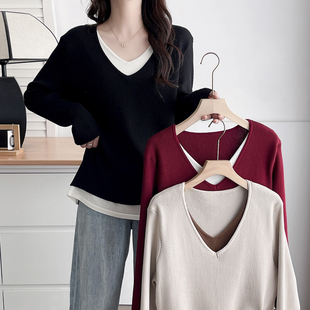 假两件针织衫女大码2024秋季新款胖m时尚洋气拼色v领抽绳显瘦上衣