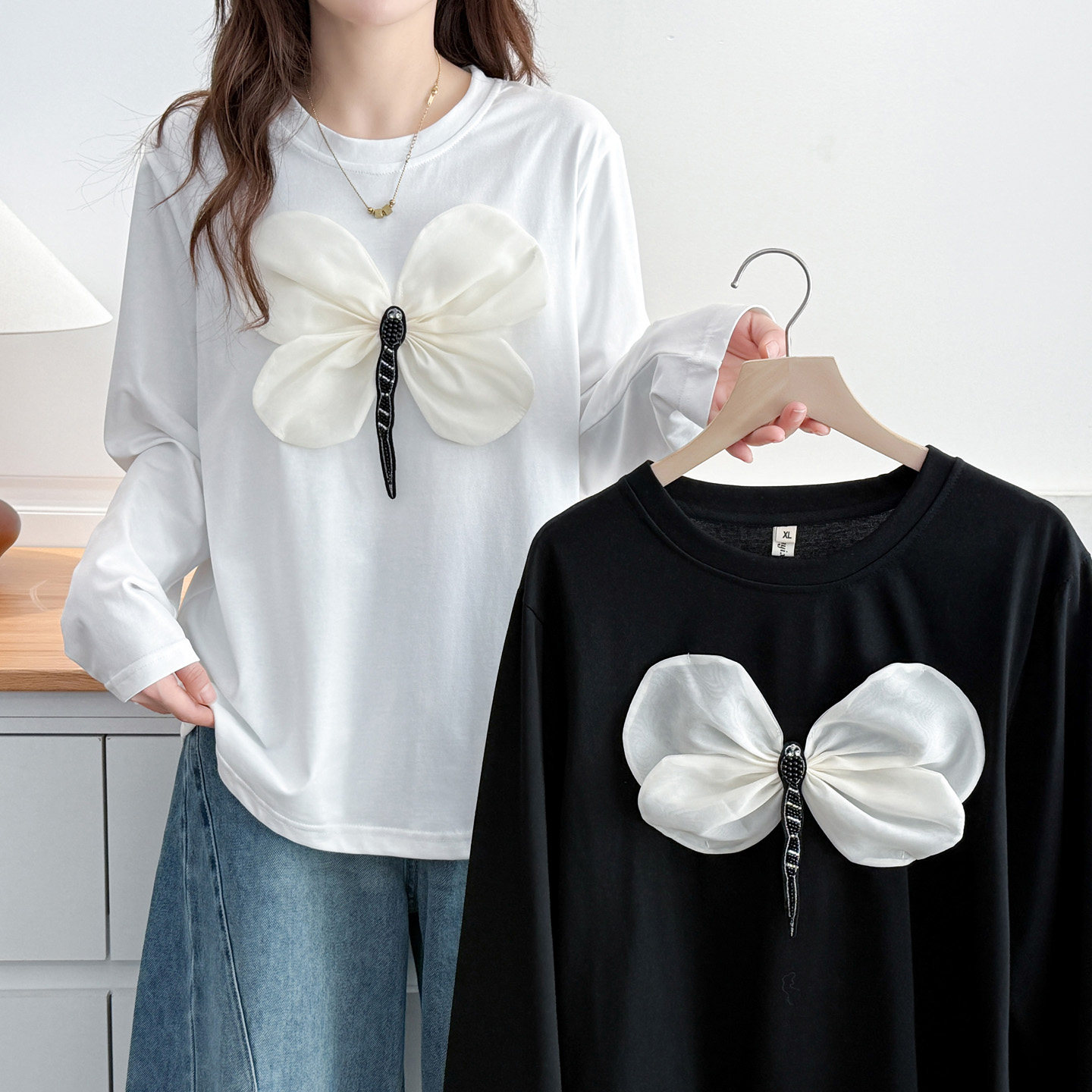 胖mmt恤长袖大码立体蜻蜓上衣女