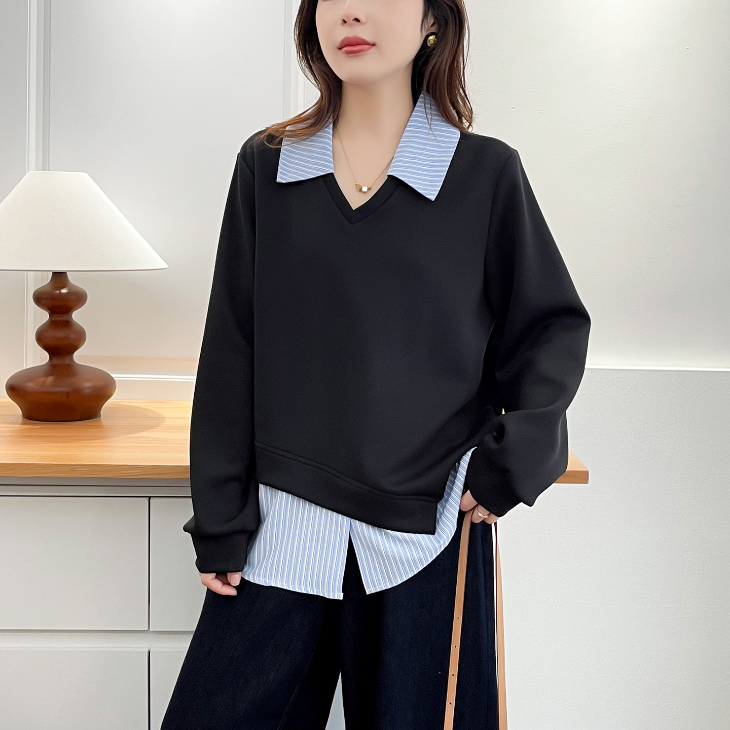 卫衣大码胖mm显瘦正肩假两件上衣