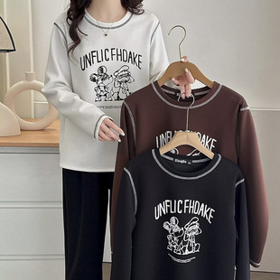 春秋款 设计感印花明线长袖 2025新款 200斤时尚 t恤 大码 胖妹妹打底衫