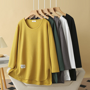 前短后长贴标宽松打底衫 大码 新款 遮屁股上衣2024秋季 t恤女中长款
