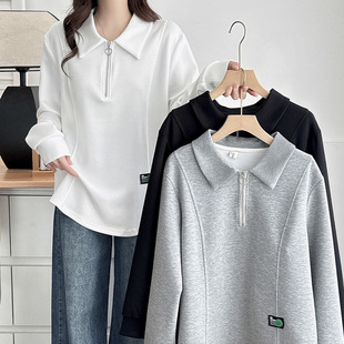 女装 大码 半拉链翻领宽松遮肚子弧形下摆上衣 新款 胖mm卫衣2024秋季
