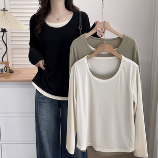 胖mm早秋显瘦正肩遮肚子撞色打底衫 大码 2024新款 假两件t恤女长袖