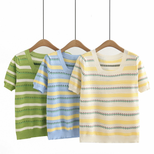 女夏季 冰丝针织衫 洋气时尚 微胖妹妹减龄t恤方领镂空短袖 大码 半袖