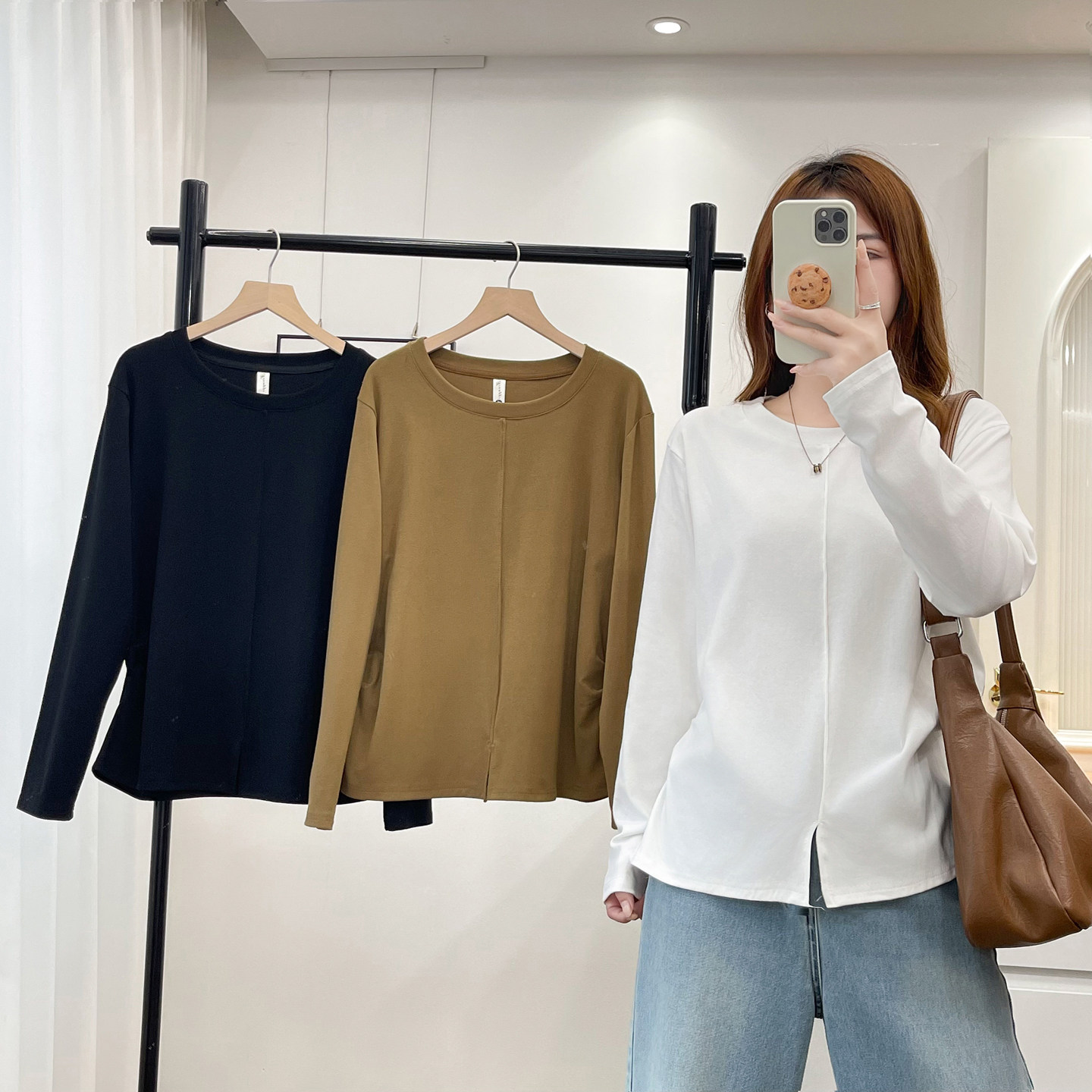长袖打底衫女大码秋褶皱开叉t恤图片