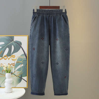 大码牛仔裤女胖mm刺绣九分哈伦裤