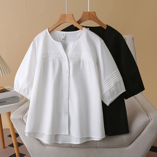 女装 新款 大码 上衣 半开v领百褶拼接中袖 胖mm宽松短袖 衬衫 2025夏季