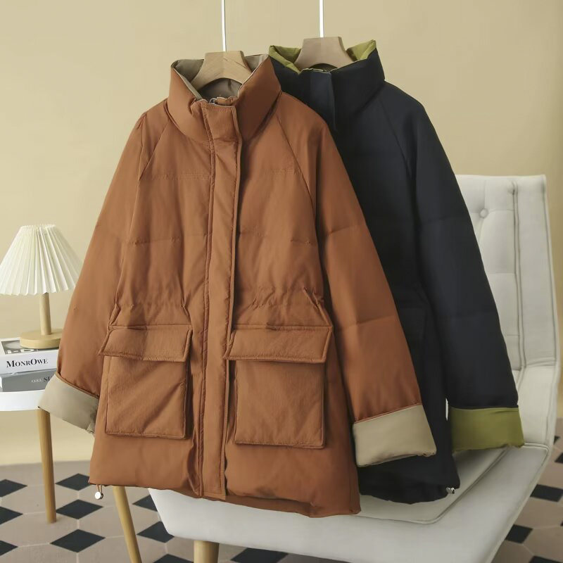 韩版宽松大码羽绒服女2024冬季新款胖mm立领白鸭绒中长款保暖外套