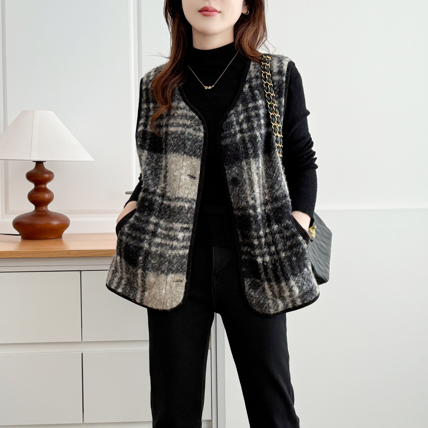 马甲女秋冬外穿大码格纹宽松坎肩