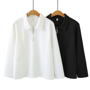 大码胖mm拉链翻领长袖上衣女2026年春季新款宽松遮肚子显瘦打底衫