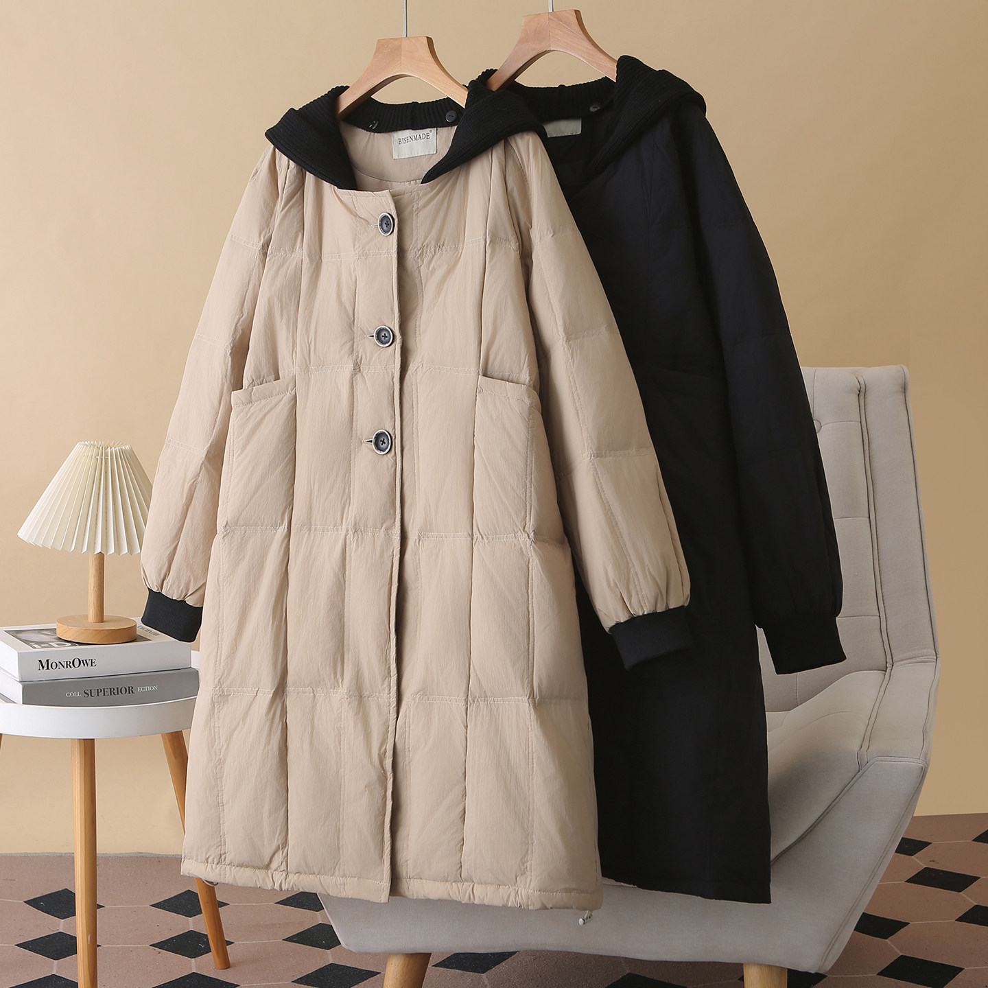 大码羽绒服女加肥加大2026新款针织帽拼接宽松连帽长款白鸭绒外套