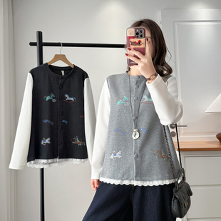 假两件上衣胖妹妹春款2026新款大码时尚小马印花蕾丝花边圆领开衫