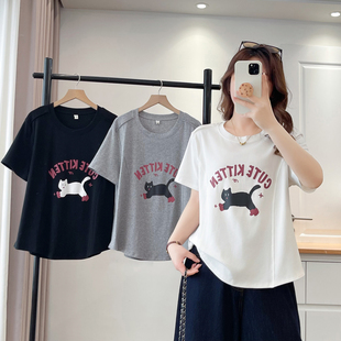 猫咪印花显瘦遮肚子半袖 正肩t恤女200斤短袖 大码 新款 上衣 2026夏季