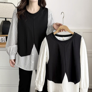 上衣女款2025年新款春装大码时尚减龄不规则拼接遮肚子假两件衬衫