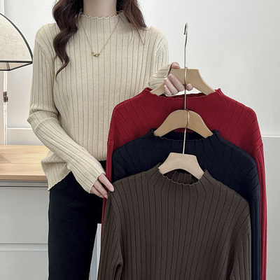 大码针织衫半高领套头坑条毛衣女