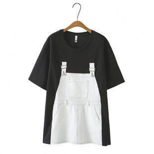 胖m200斤牛仔拼接假两件短袖 大码 新款 2025夏季 裙子 遮肚连衣裙短款