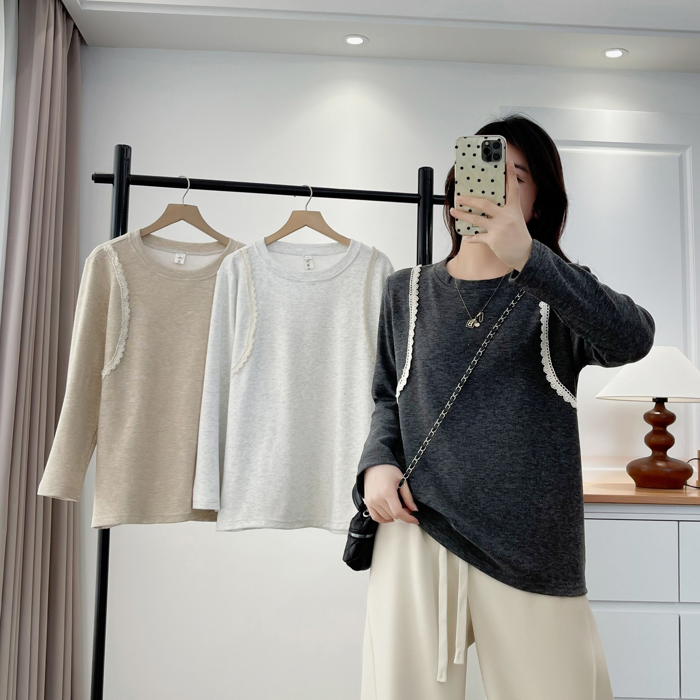 薄绒打底衫内搭大码花边拼接上衣