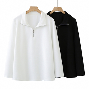 2026新款 胖mm200斤春装 半拉链立领显瘦休闲正肩上衣 t恤女大码 长袖