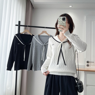 海军领针织衫女大码2025秋季新款胖mm200斤时尚学院风长袖打底衫