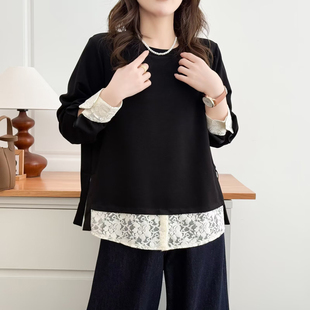 假两件上衣女新款大码2026春季胖mm蕾丝拼接宽松遮肚子显瘦套头衫