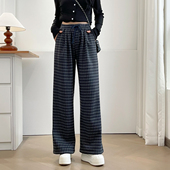 加绒阔腿裤 200斤抽绳松紧腰宽松格子直筒裤 女胖m大码 2025秋冬新款