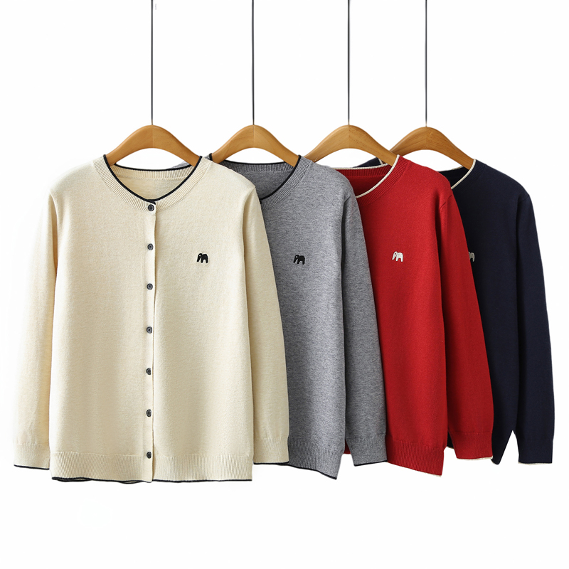 大码开衫女拼色小象刺绣针织衫