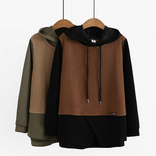 拼接假两件上衣女大码 显瘦遮肉宽松针织连帽卫衣潮 200斤胖mm春装
