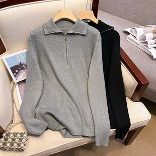 胖mm简约显瘦正肩半拉链针织衫 打底衫 2023秋冬新款 翻领毛衣女大码